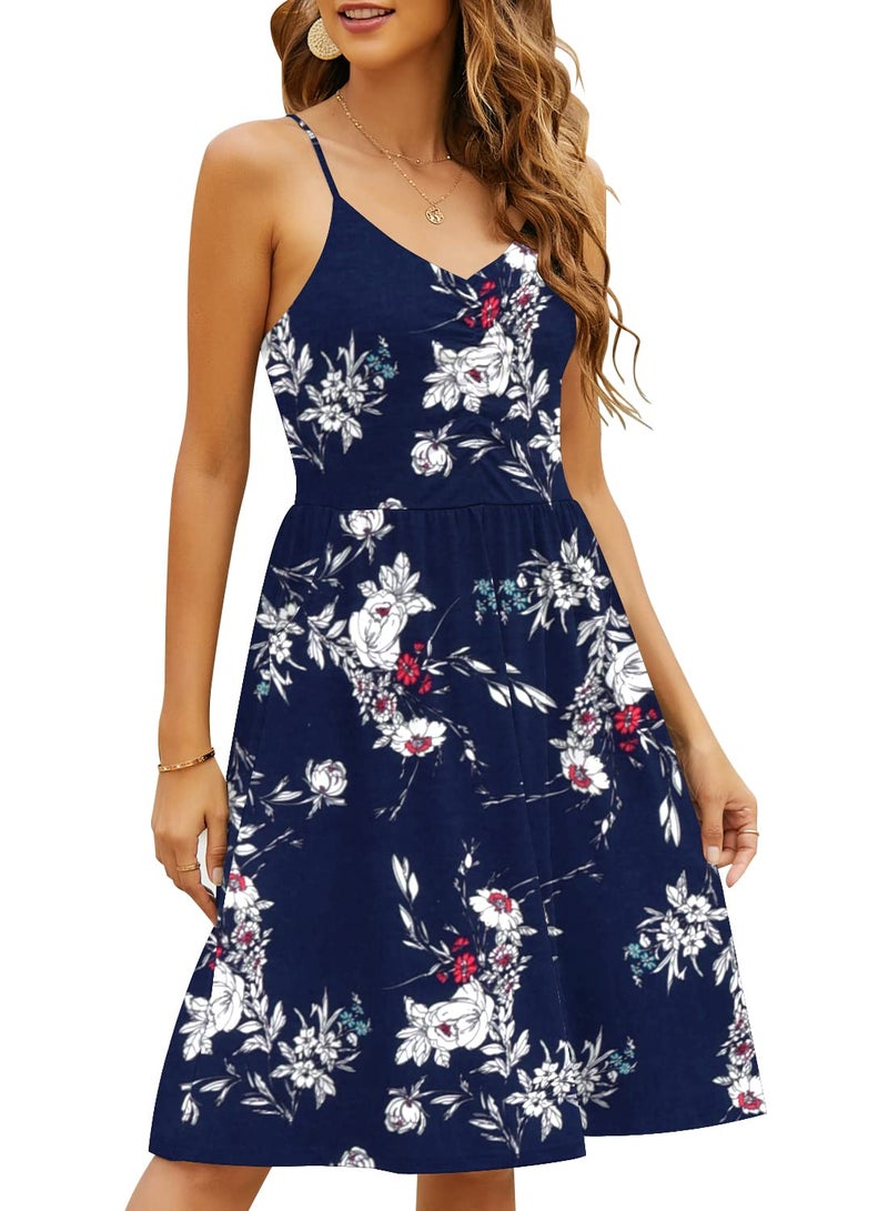 YATHON Casual Dresses for Women Sleeveless Cotton Summer Beach Dress A Line Spaghetti Strap Sundresses with Pockets (XL, YT090-Navy Floral 01) - Image 2